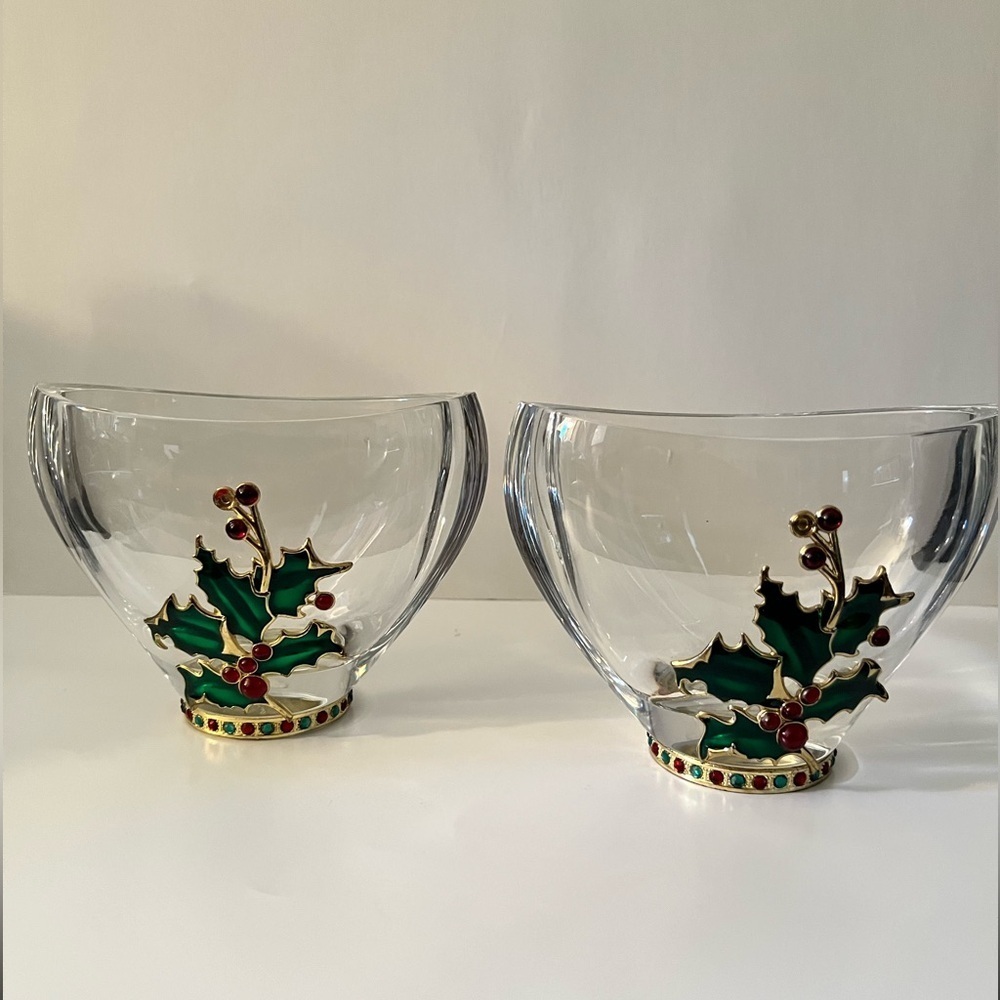 Set of Two Telaflora Bohemian 24% Lead Crystal Holly Berry Vases